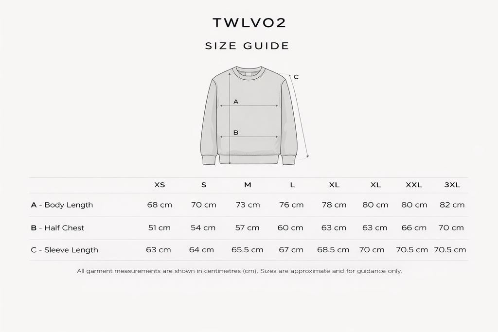 Size guide for a gray sweatshirt with measurements in centimeters.