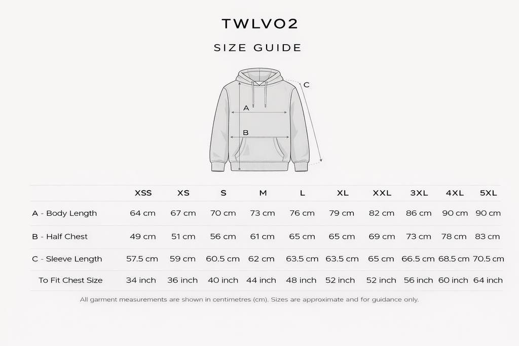 Size guide for a hoodie with measurements in centimeters and inches.