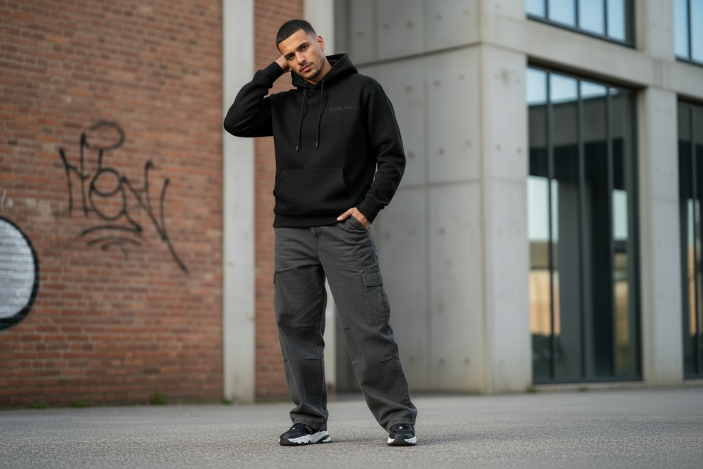 Model wearing TWLV02 black hoodie in urban street setting