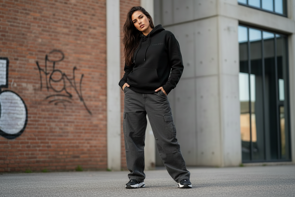 Woman wearing a black hoodie and gray pants standing in front of a brick wall with graffiti.