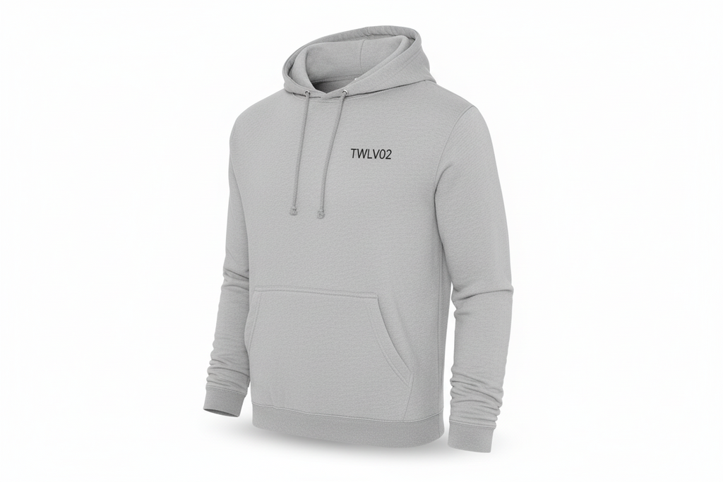 TWLV02 College Hoodie in Heather Grey, front view