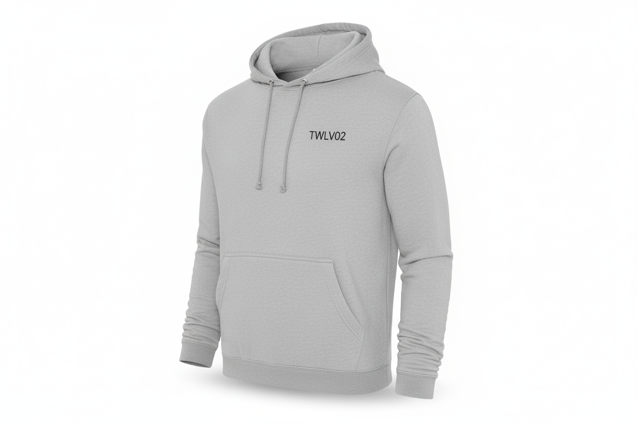 TWLV02 College Hoodie in Heather Grey, front view