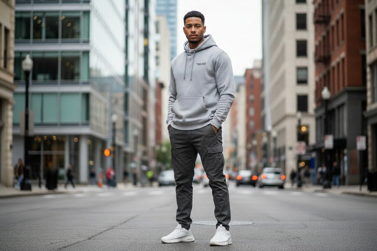 Model wearing TWLV02 College Hoodie in urban setting
