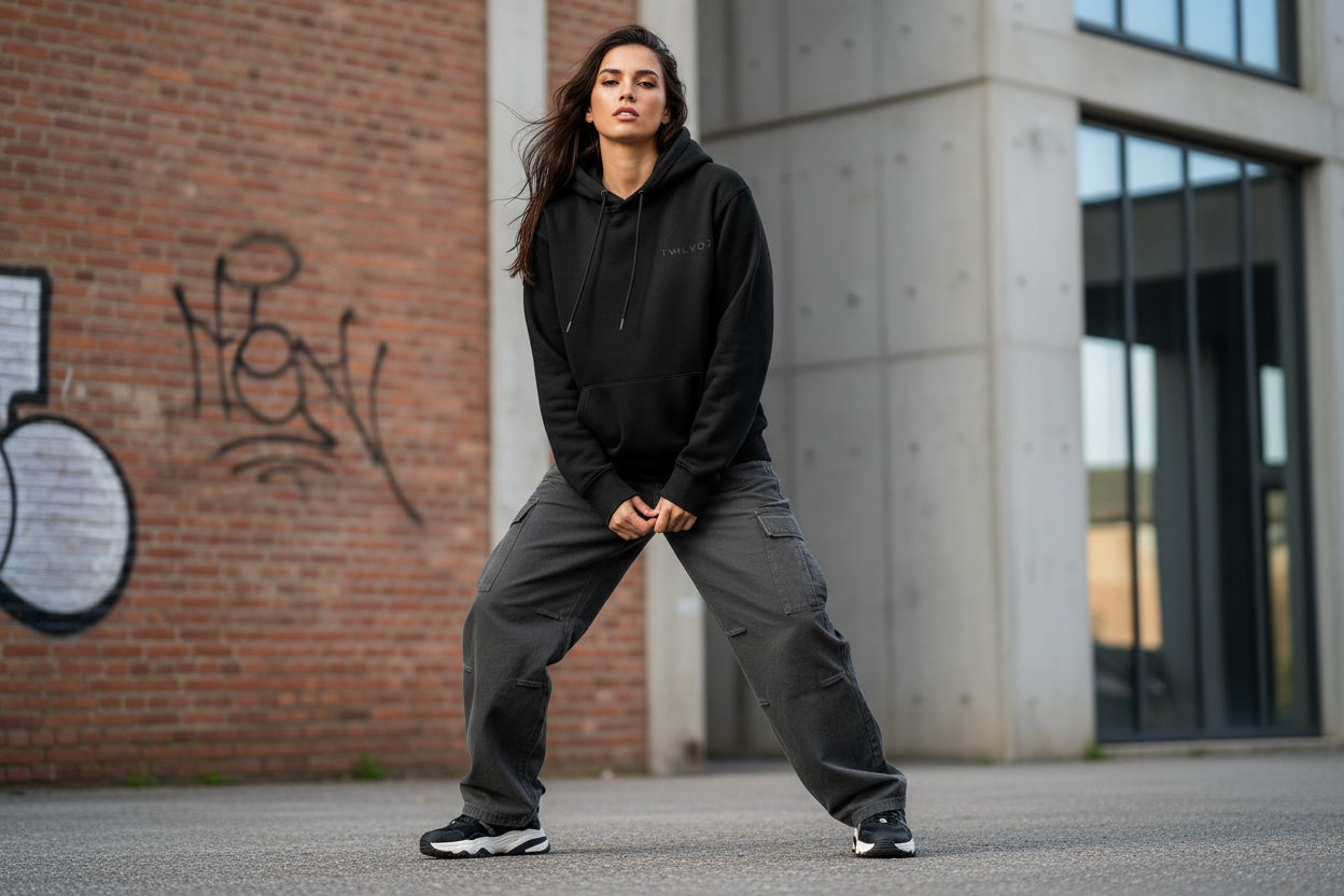 Person wearing a black hoodie and gray pants standing in front of a brick wall with graffiti.