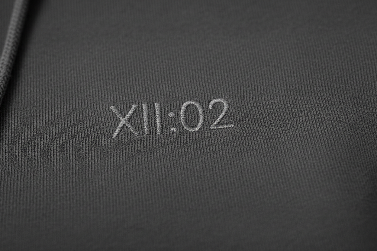 Text 'XII:02' embroidered on a dark fabric surface