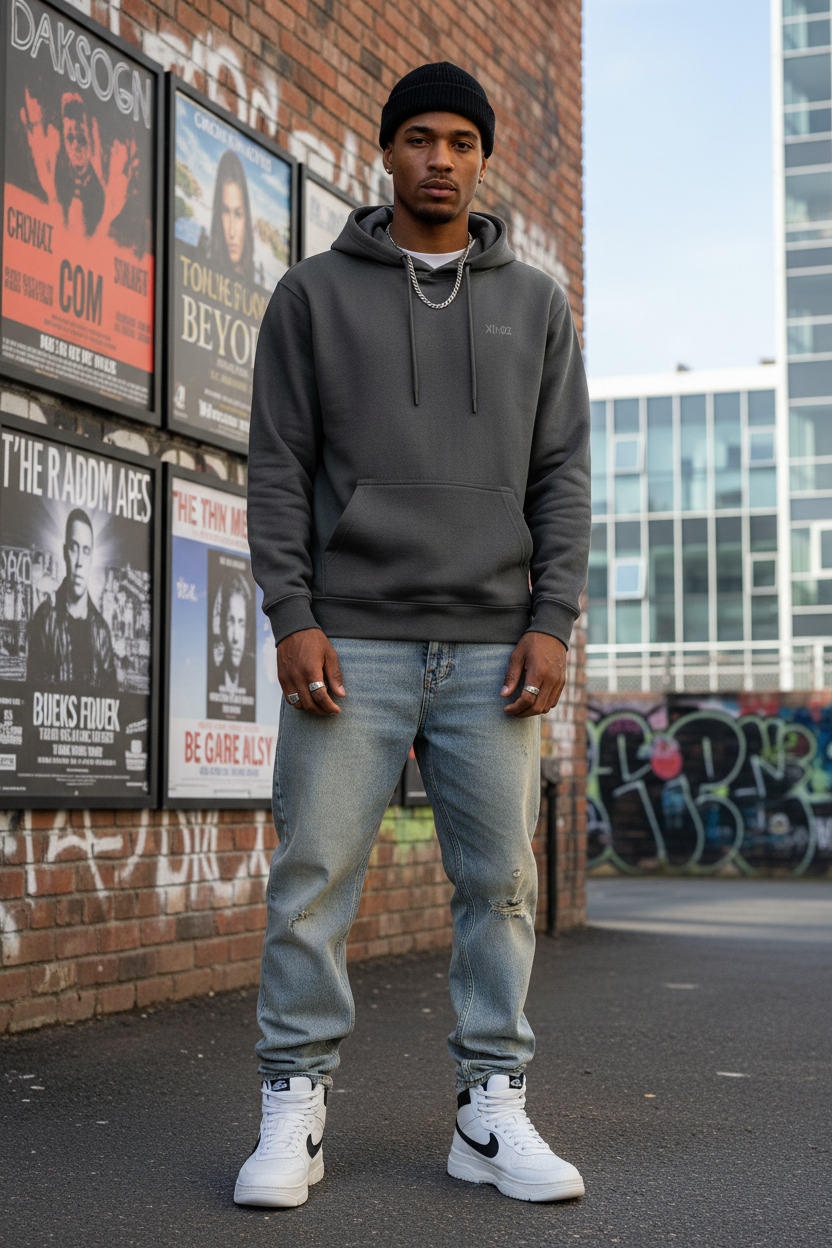 Person wearing a gray hoodie and jeans standing in front of a brick wall with posters.