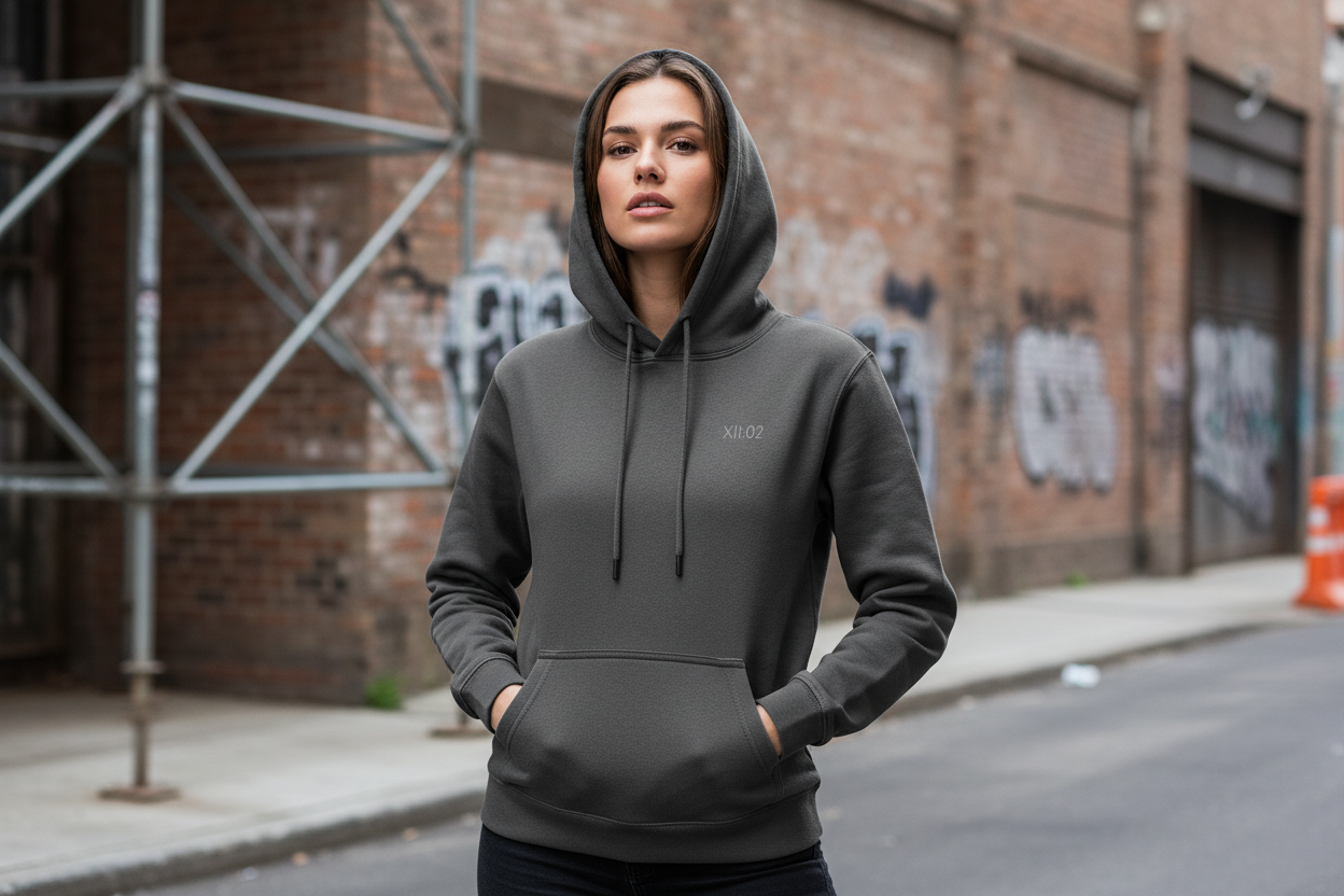 Person wearing a gray hoodie standing on a street with graffiti on the wall.