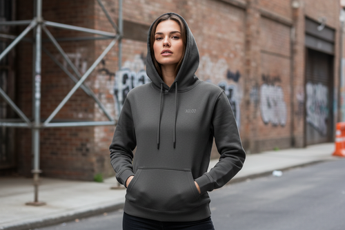 Person wearing a gray hoodie standing on a street with graffiti on the wall.