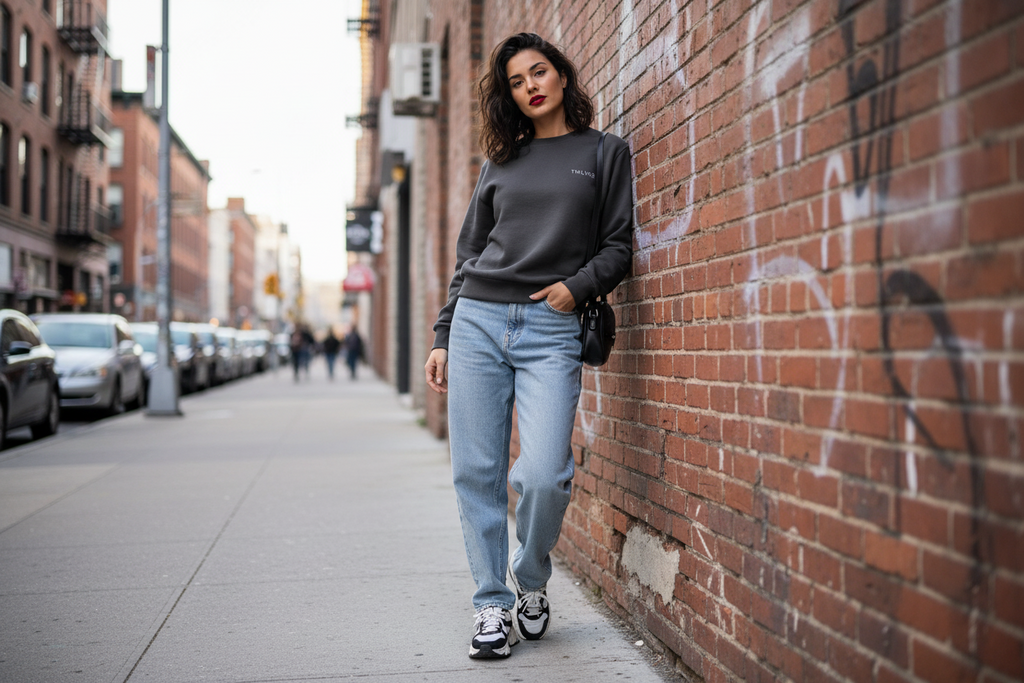 Female model wearing TWLV02 heavyweight signature sweatshirt