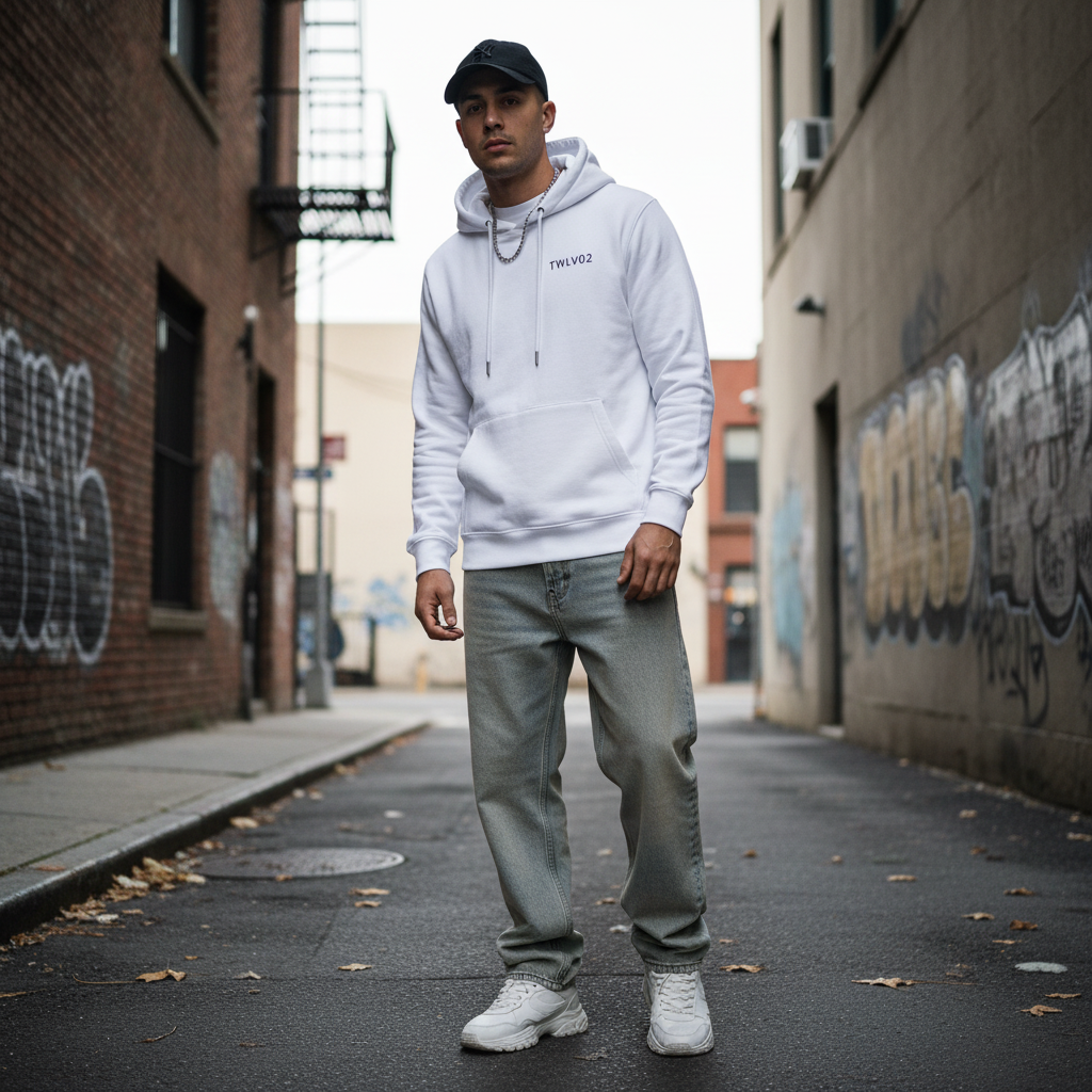 White hoodie with a brand logo on a gray background