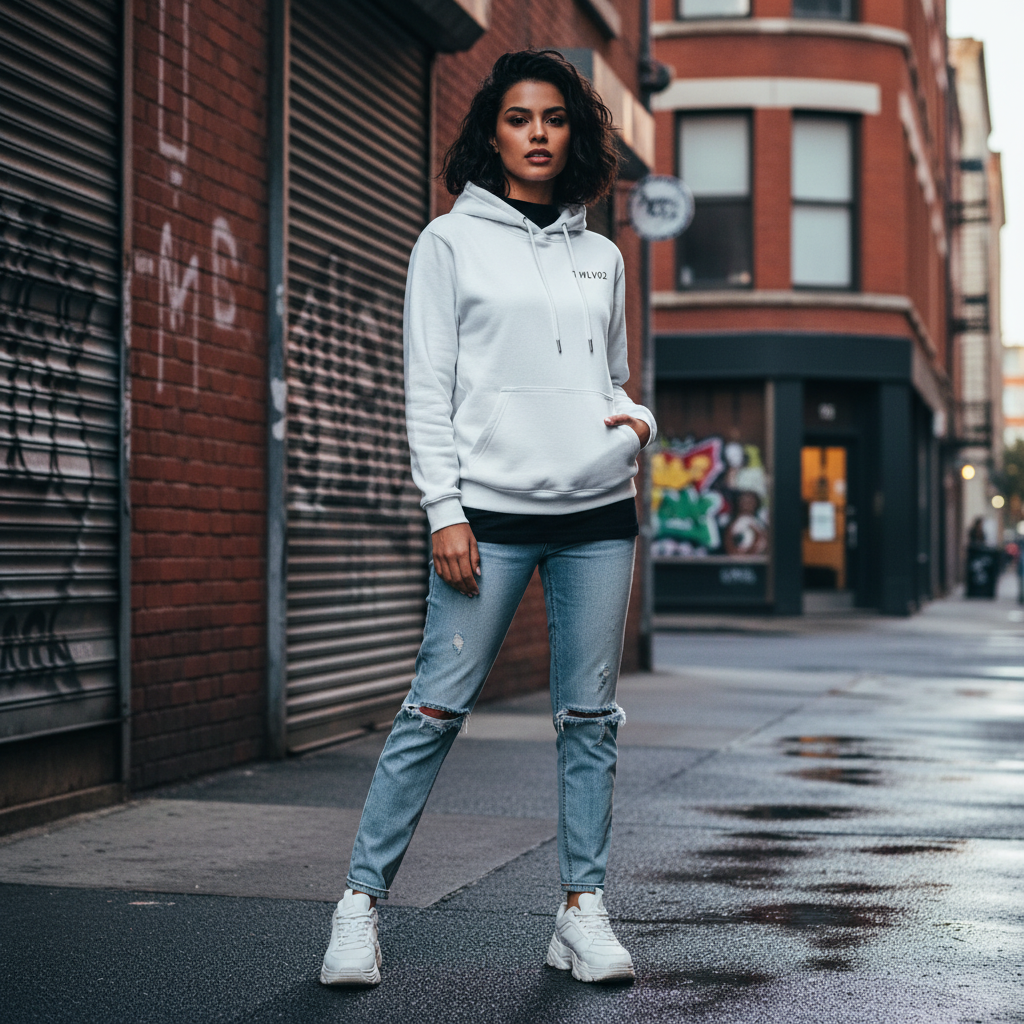 White hoodie with a brand logo on a gray background