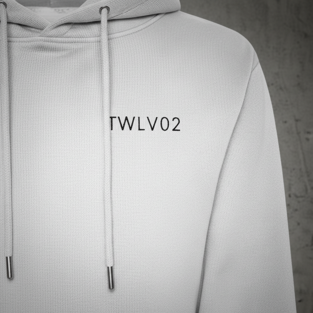 White hoodie with a brand logo on a gray background