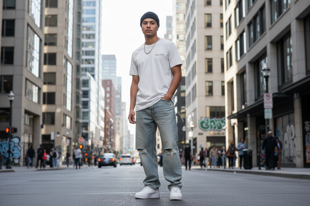 Model wearing TWLV02 organic t-shirt in cool heather grey streetwear style