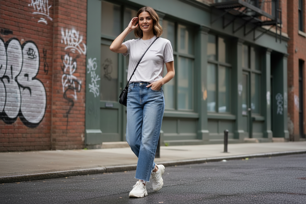 Female Model wearing TWLV02 organic t-shirt in cool heather grey streetwear style