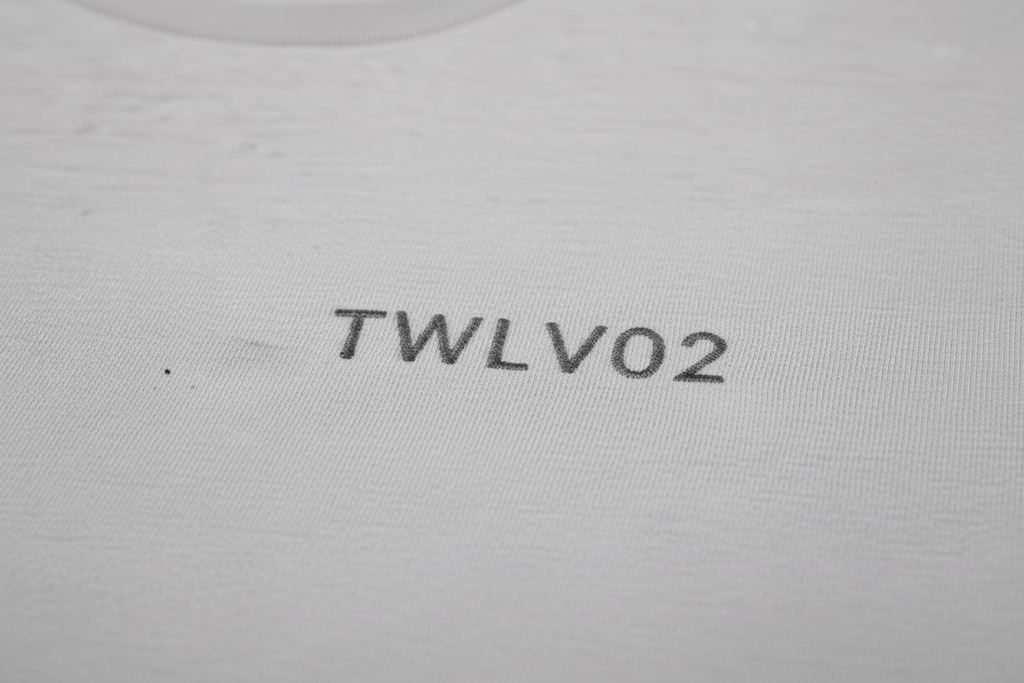 Close-up of embroidered TWLV02 logo on organic cotton t-shirt
